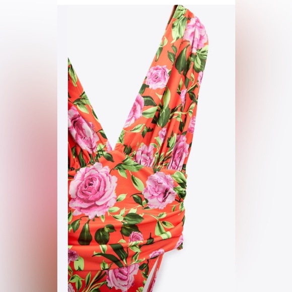 Zara orange floral multi PRINTED DRAPED plunge front BODYSUIT size medium new‎ - Picture 6 of 9